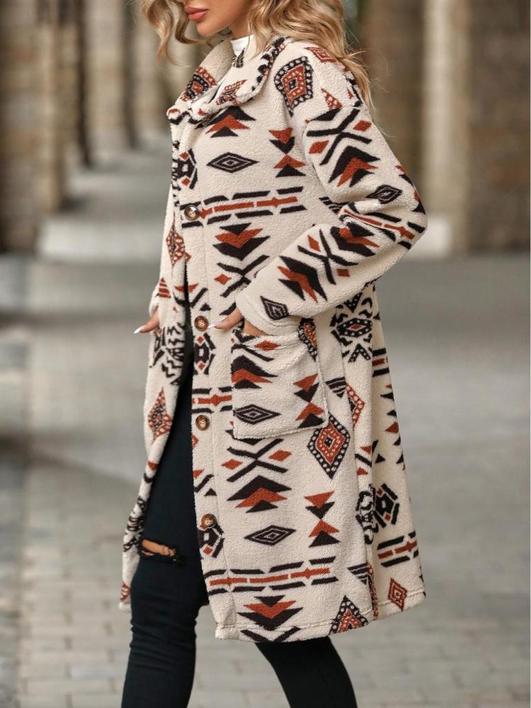 Faux Fur Winter New Women's Single-Button Chinese Style Printed Long Coat Jacket