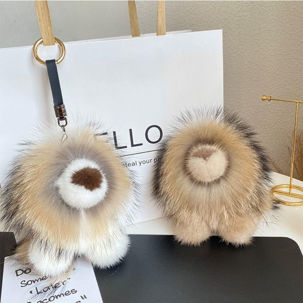 Mink Fur Lion Plush Pendant Long Mane Cute Animal Keychain Kawaii Plush Lion Keychain  Children