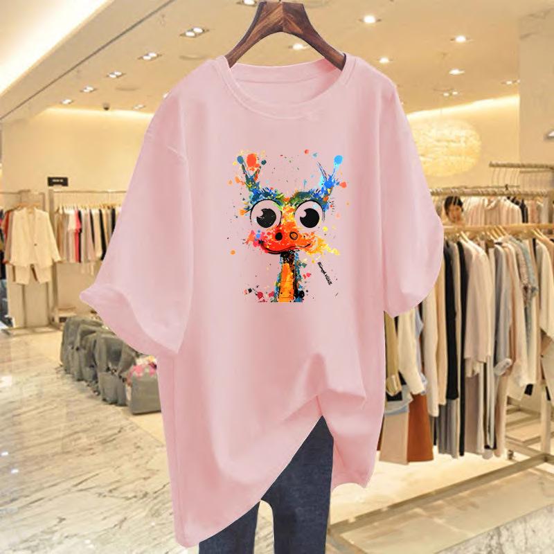 Women's Summer White Cotton Cartoon Print Short Sleeve T-Shirt