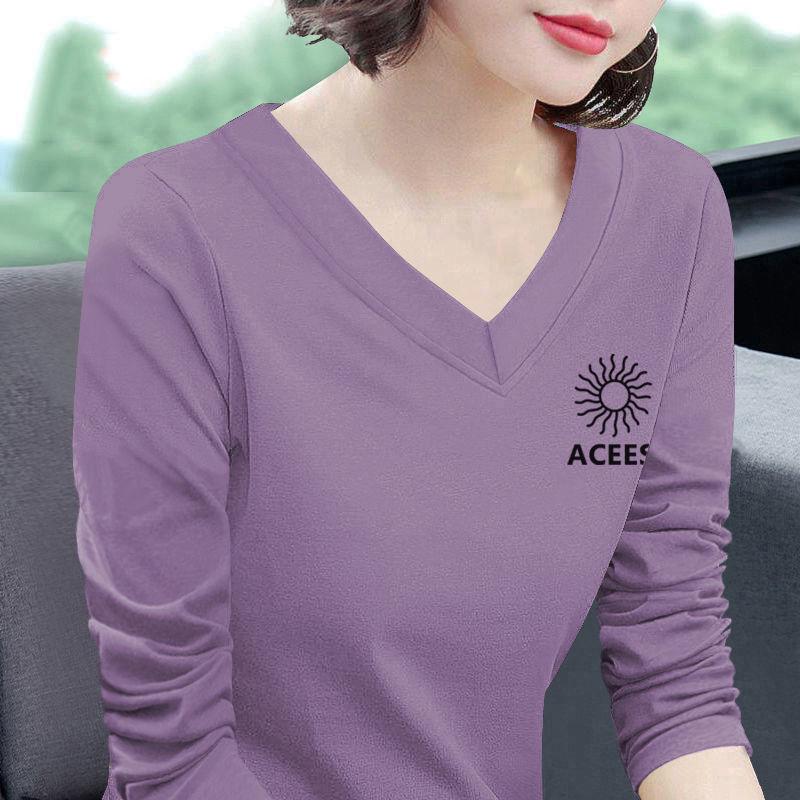 

100% Pure Cotton V-Neck Long-Sleeve Women s T-Shirt - 2025 Spring/Autumn Korean Style Loose Fit Top 4XL фиолетовый
