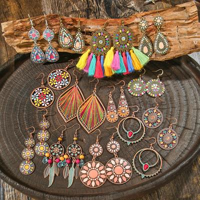 Conjunto de 13 pares de brincos pendentes vintage estilo boho para férias, com zircônia e borla, ornamentos statement, presentes para mulheres para praia e festival de música