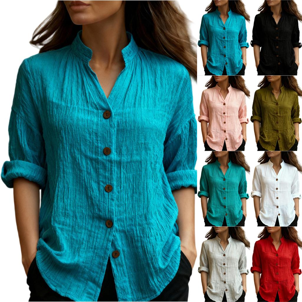Women's Fashionable Solid Color V-neck Long Sleeved Button Down Casual Shirt Top