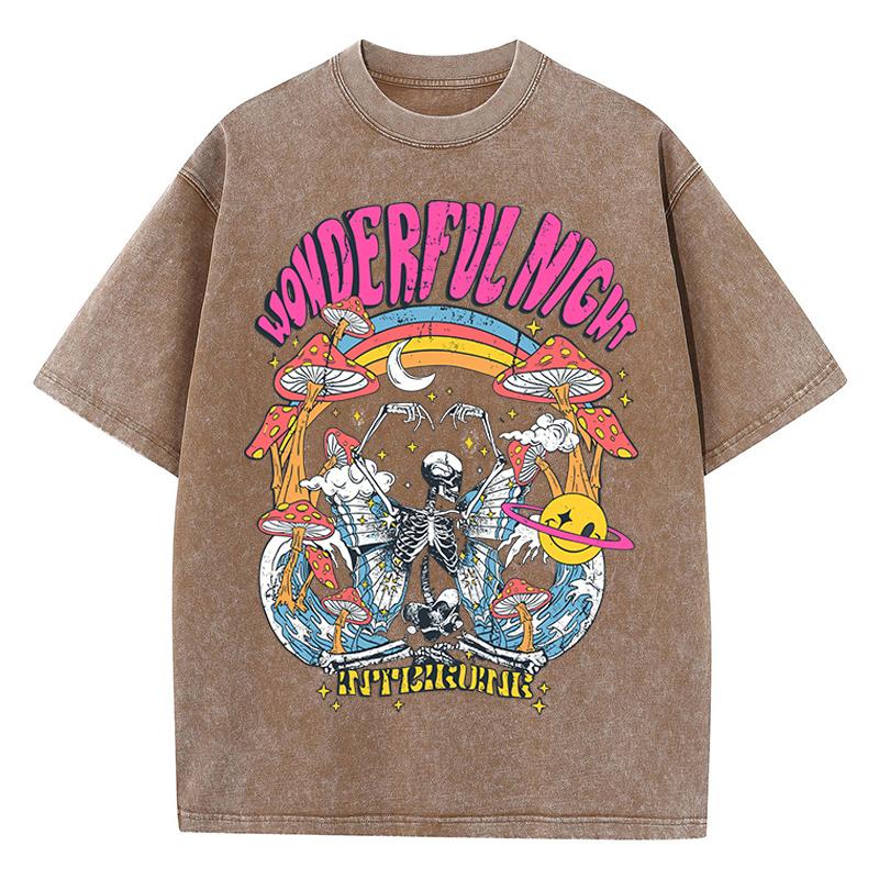 Women Casual Cotton Washed T-Shirt Wonderful Night Skeleton Butterfly Wave Printing Tops Oversize Street Female Clothing