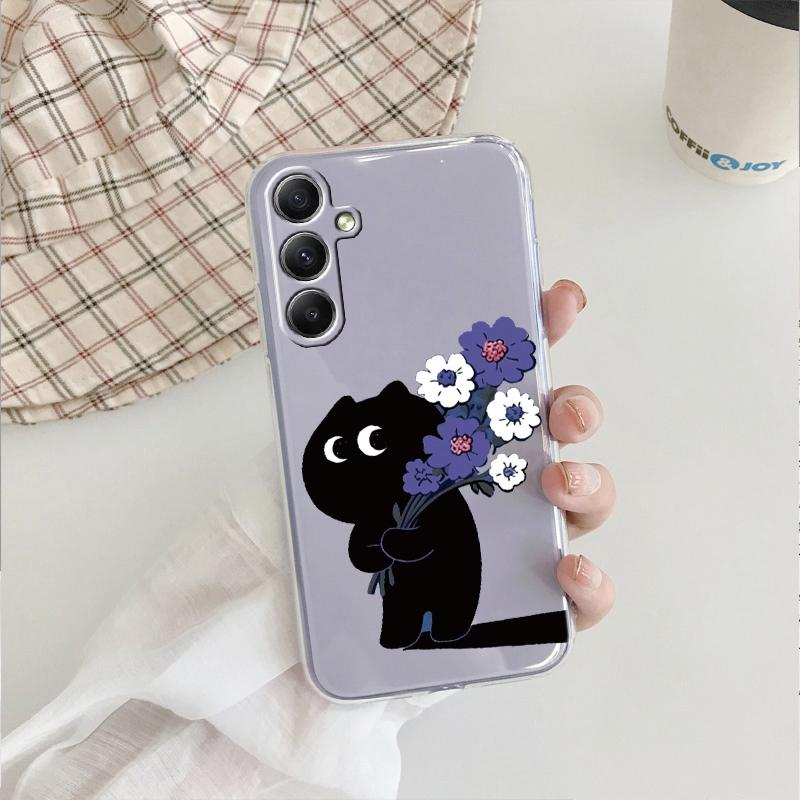 Husă din silicon cu pisică neagră drăguță, moale, transparentă, pentru Xiaomi Redmi Note 13 14T 15 Samsung A55 A35 S24 iPhone 15 Huawei Honor Camera de protecție antișoc