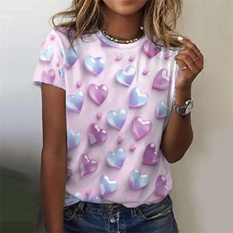3D Colorful Love Heart Print T Shirt Pretty Women's Clothing Ladies Fashion Casual TShirt Girls Oversized Short Sleeve Tops Tees