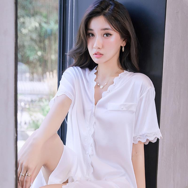 Fashion High-End Wavy Lace Short-Sleeved Shirt Summer Nightdress Women'S Sweet Wind Loungewear Can Be Worn Outside