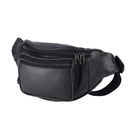 Noora Stilvolle schwarze Leder-Hüfttasche, elegante Reisetasche, Reisepasshülle mit verstellbarem Riemen