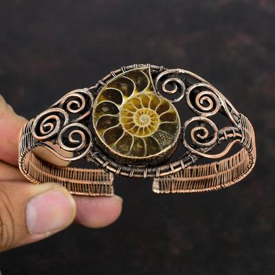 Ammonite Fossil Cuff Bracelet Copper Wire Wrapped Adjustable Bangle Copper Jewelry Handmade Gemstone Bracelet Decent Jewelry Gifts For Women