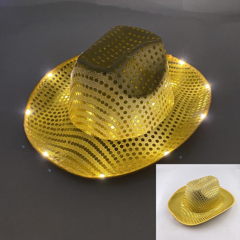 Four Color Led Light Up Western Cowboy Hat With Sequin Pattern For Party Cosplay Stage Performance