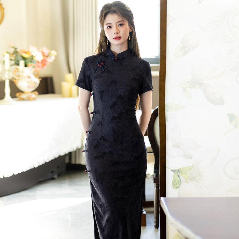 Yellow national style new Chinese long cheongsam improved young 1011 new women's high-end short sleeves daily summer