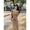 New Autumn and Winter Sexy Slanted Shoulder Long-sleeved Dress Women's Waist and Thin Slim Temperament Long Dress Picture Color