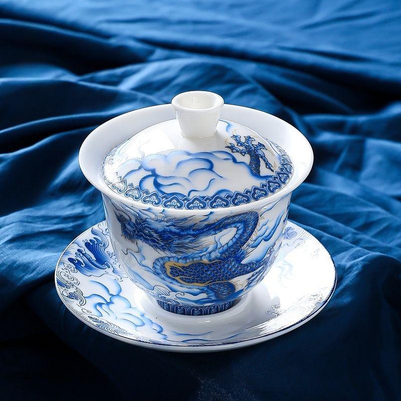 Suet jade white porcelain three talents cover bowl Qinglong pattern anti-scalding Kung Fu tea set household large tea bowl