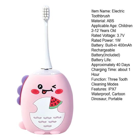 Kids U-Shaped Ultrasonic Electric Toothbrush IPX7 Waterproof Automatic Cartoon Dinosaur Toddlers Boys Girls Rechargeable Toothbrush