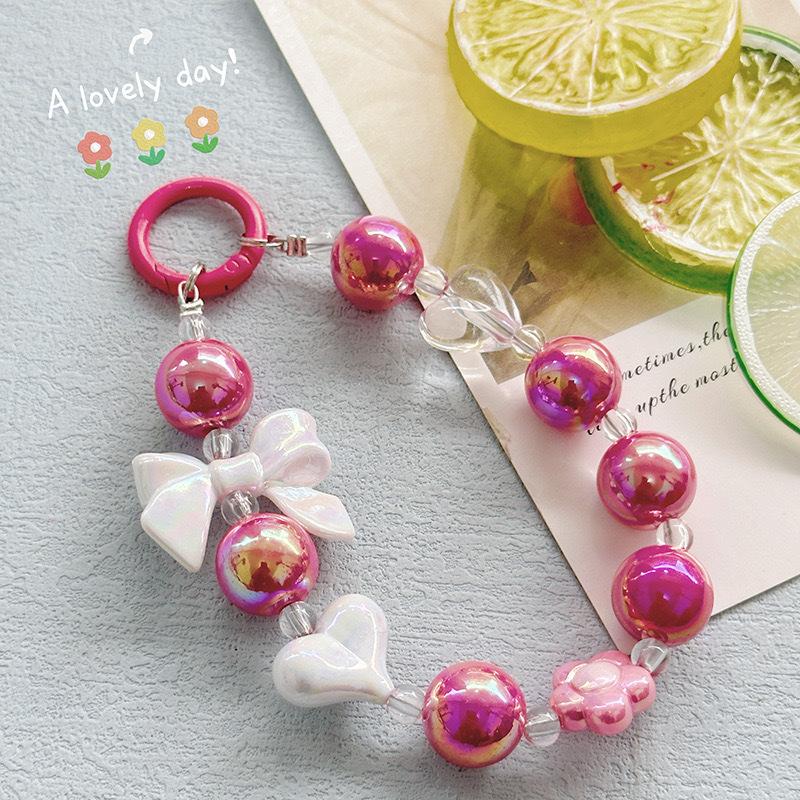 Color Plated Color Flower Beaded Mobile Phone Chain Creative Bow Car Keychain Earphone Bag
