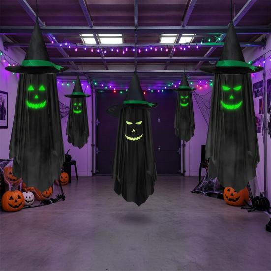 Halloween Hängende Geister Außen Dekoration, Leuchtet im Dunkeln Geist Hexenhut Ornament für Veranda, Terrasse, Rasen, Garten, Bäume, Spukhaus Dekor