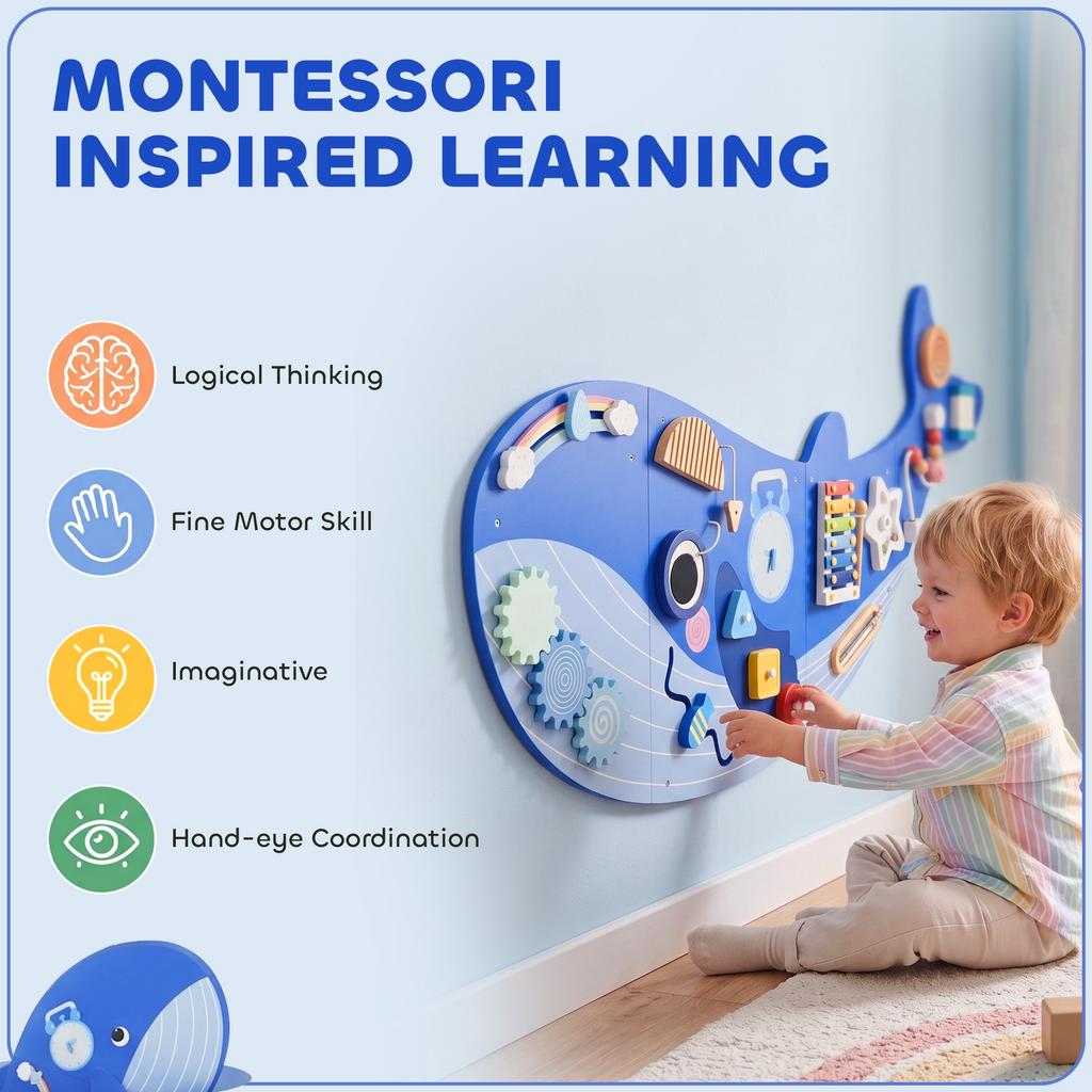 Aktivitní stěna s velrybou, Hračka na stěnu 13 v 1, Montessori inspirovaný senzorický panel do herny, školky, pro kluky i holky od 2 let, Modrá