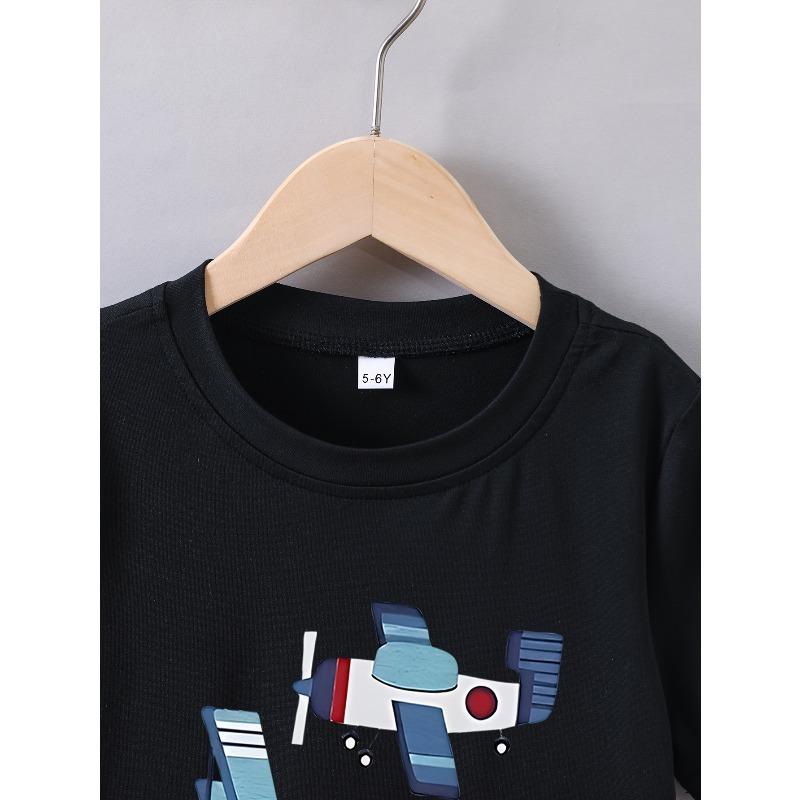 European Sizes Boys' Summer Short-Sleeve T-Shirt with a 'Cartoon Airplane' Print