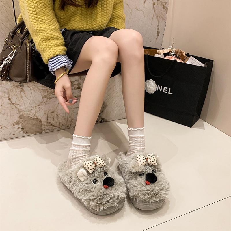 Ugly cute puppy casual fluffy shoes women's autumn and winter cute cartoon warm thick-soled slippers increase height non-slip bag head drag tide