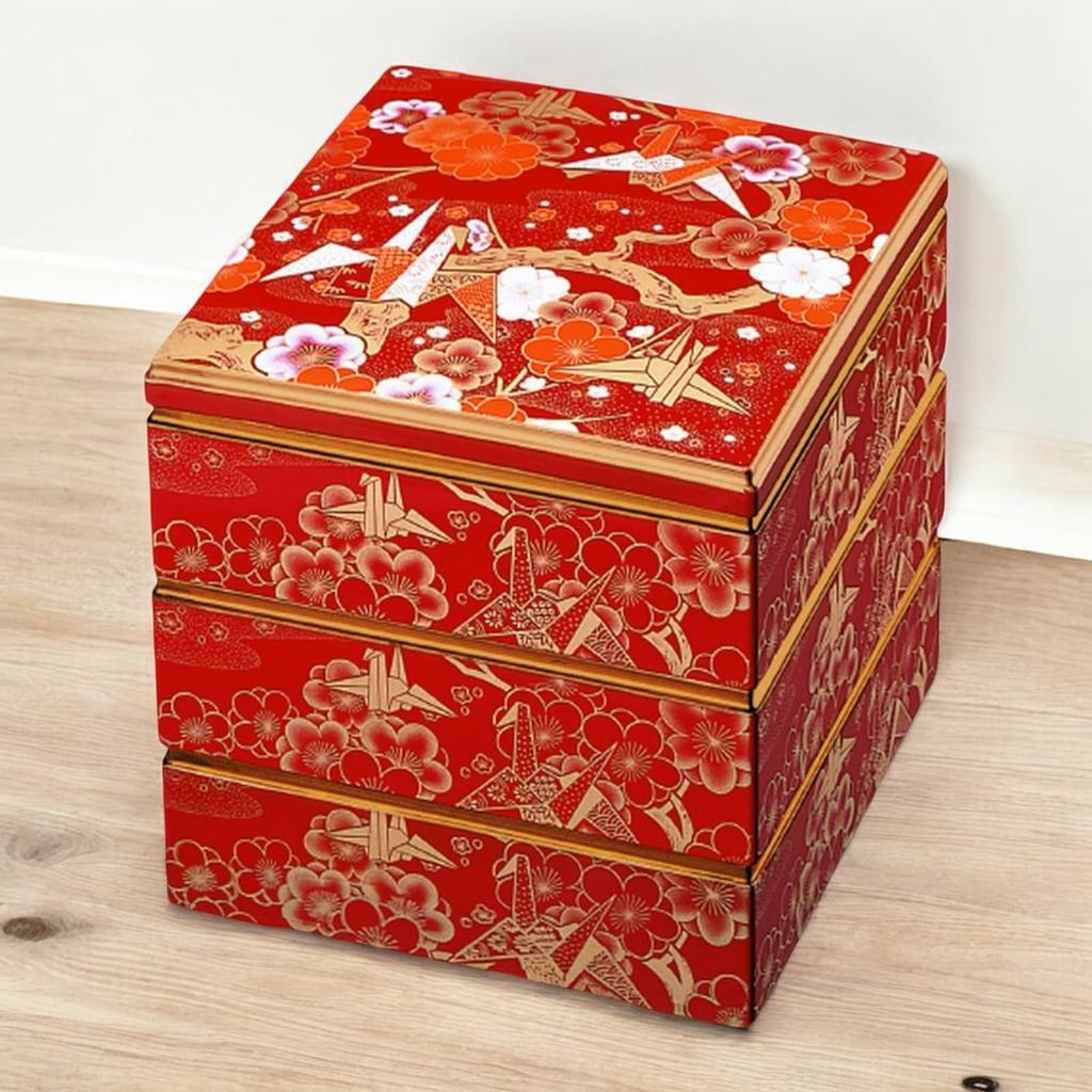 J-kitchens Lacquerware 3-Tiered Jubako Box, 7.0 Inches, Saikōgura, Vermilion Crane with Gold Rim, 20cm, Resin, Made In Japan