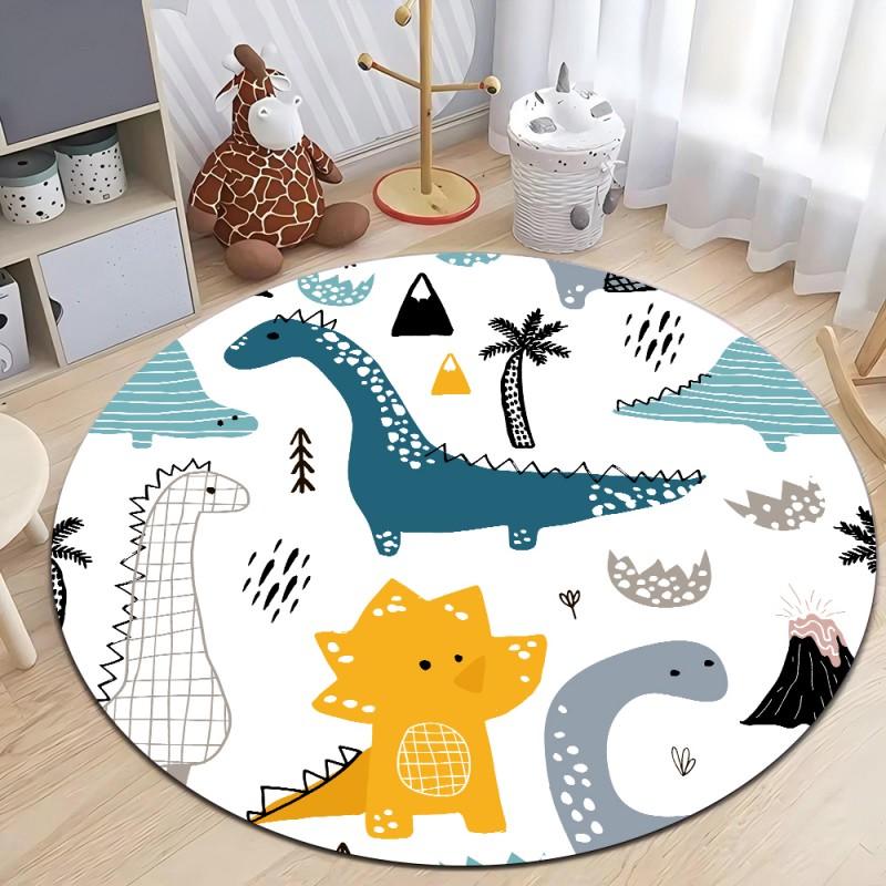 Cute Dinosaur Cartoon Round Rug, Soft Chenille Non Slip Floor Mat for Kids Room, Living Room, Nursery, Washable Area Rug