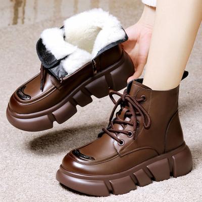 Hiver Femmes bout rond talon épais cuir PU épais chaud bottes de neige noir Marron plateforme extérieur imperméable bottines