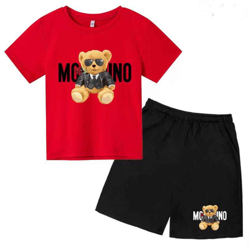 Children Summer Charming Rose Letter Bear Print T-shirt+Shorts Set Boys Girls Casual Toddler Sports First Choice Clothes
