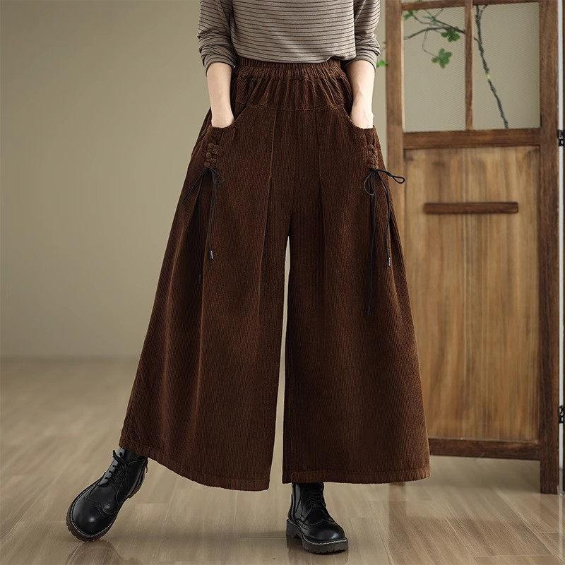 Women's Retro Corduroy High Waist Pants Spring Autumn Winter Slim A-Line Wide Leg Trousers with Pockets & Lace-Up Detail
