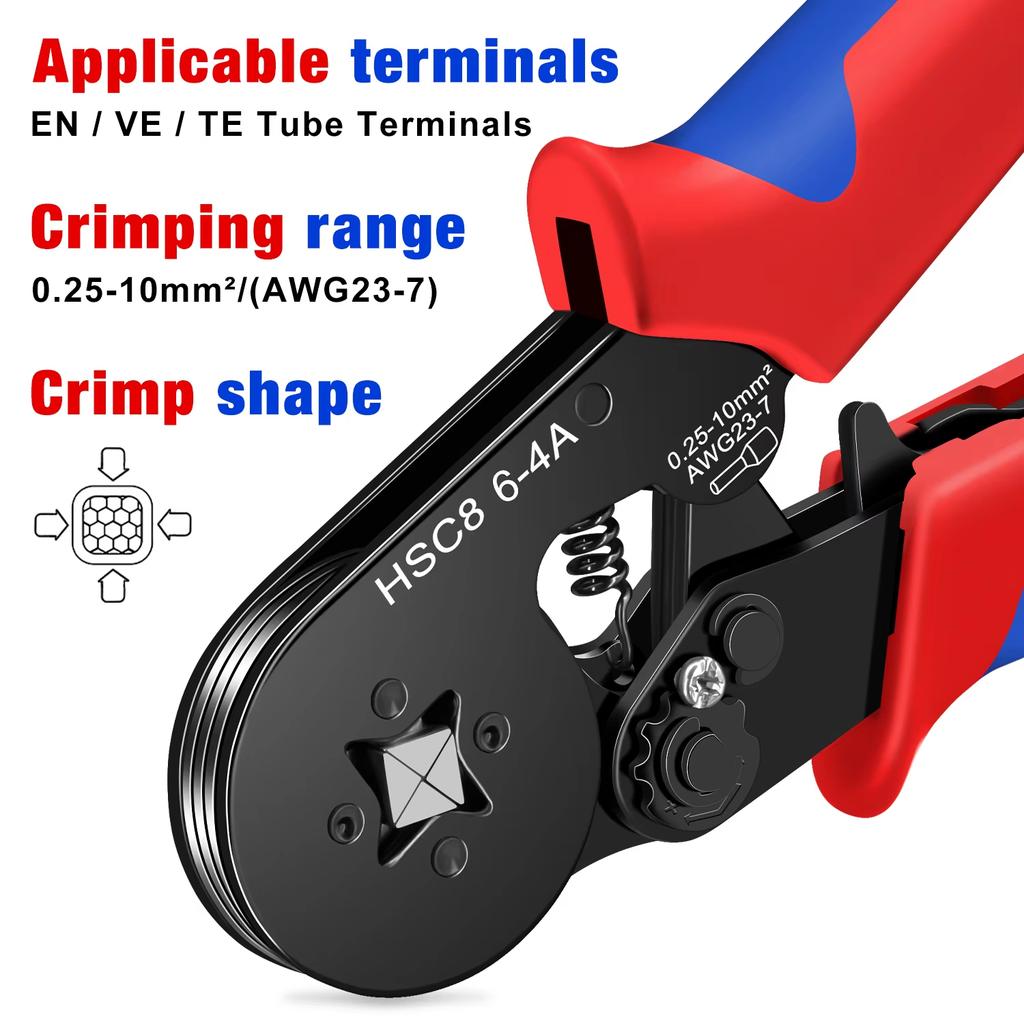 HSC8 6-4A Crimpzange 0,25-10mm² für Aderendhülsen Tubular Terminals 23-7AWG Aderendhülsen Crimpzange Set Drahtkopf Elektrikerwerkzeuge
