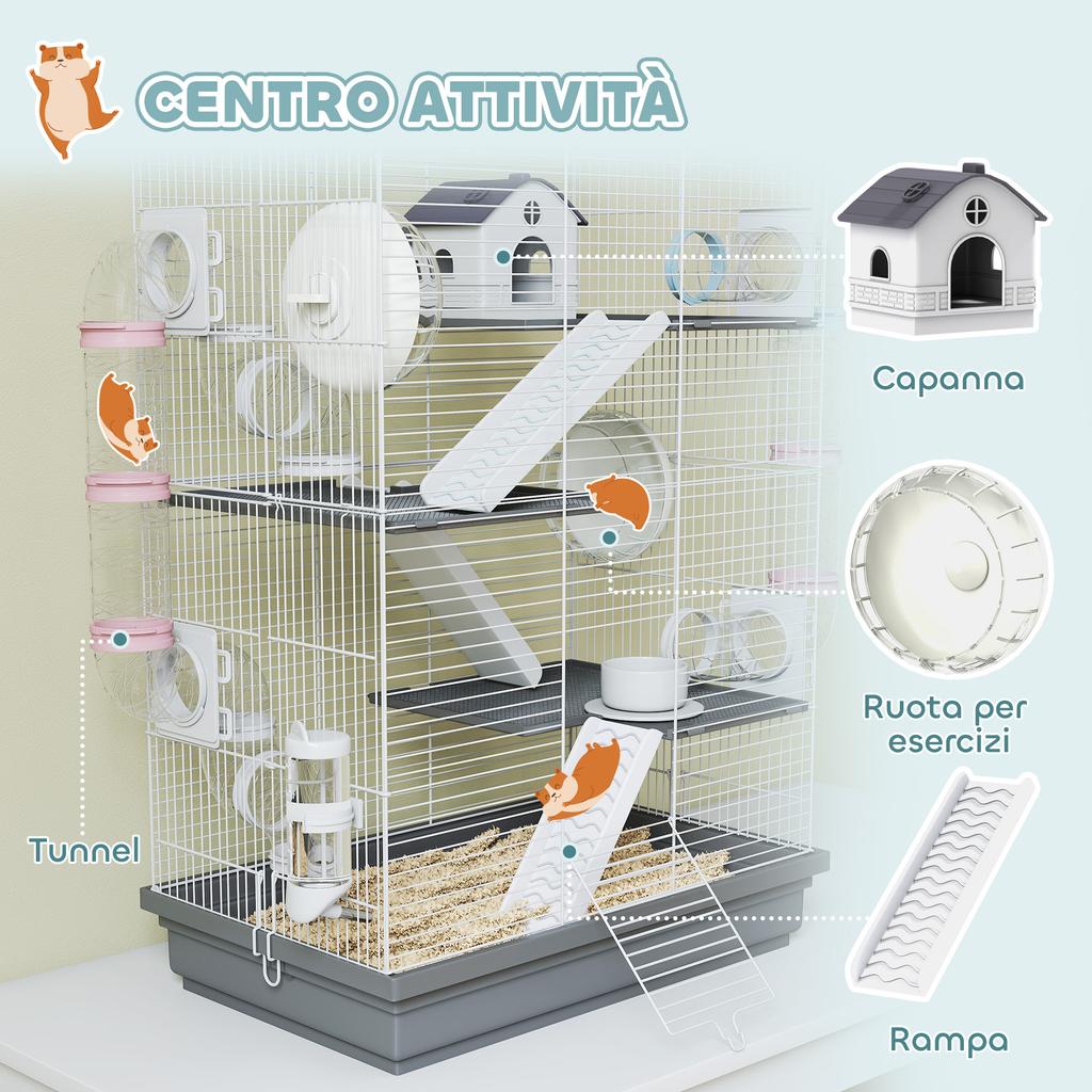 4-Tier, 16-Tube Hamster Cage with House, Ramp, and Accessories, Metal and Plastic, 47x30x70 cm, Grey