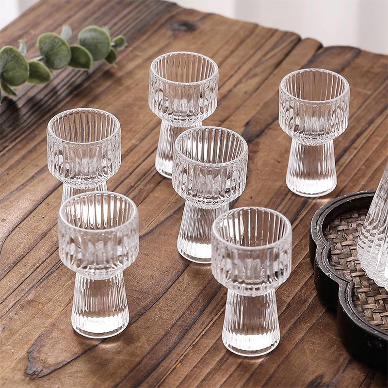 Ensembles de 6 pièces Tasses à Spiritueux Verre à Vin Transparent Petit Verre à Vin Exquis Verre à Vin Rayé Tasse à Baijiu Tasse à Boire Ménagère Articles de Bar