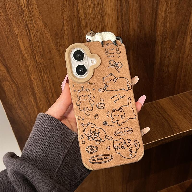 Fun Cartoon Girl Heart Ins Cute Niche Velvet Brown Bottom Lying Cat for Apple 16proma For iPhone 16 Pro Max