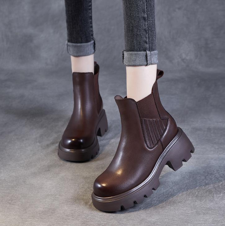 6CM 2025 Nowe Botki ze Skóry Naturalnej Damskie Kwadratowy Obcas Platforma Botki Chelsea Jesień Zima Botki Kostkę Damskie Buty