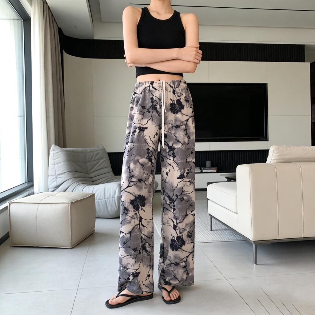 Black & White Striped Wide-Leg High-Waist Summer Pants for Women - Ink Painting Style, Slim Fit, Loose Draped Ice Silk Casual Trousers.