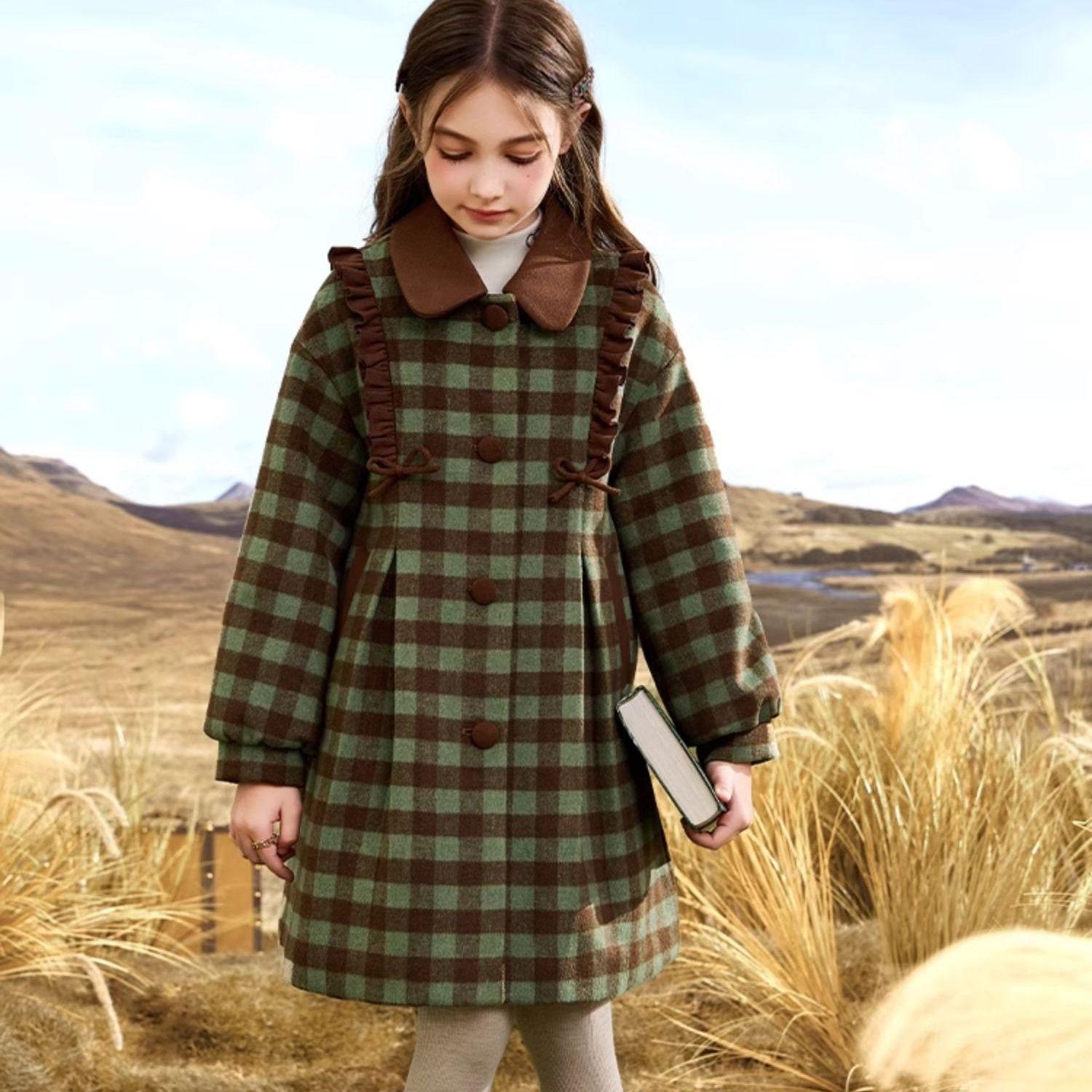 

Girls Fashionable Checked Woolen Coat, Loose and Thick Warm Woolen Overcoat for Children Autumn and Winter 160