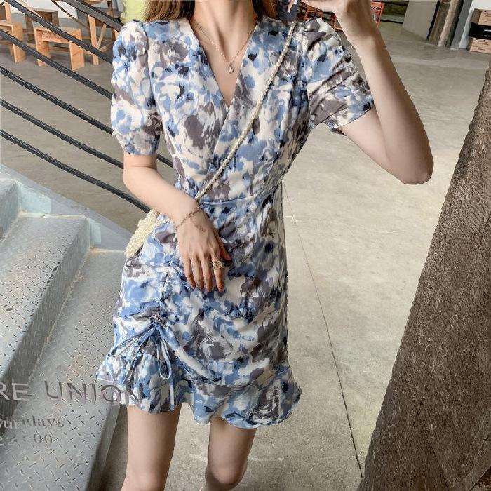 Floral Dress Women's Summer Salt Pure Design Sense Tie-dye Drawstring Fishtail Skirt V-neck Slim Temperament Skirt