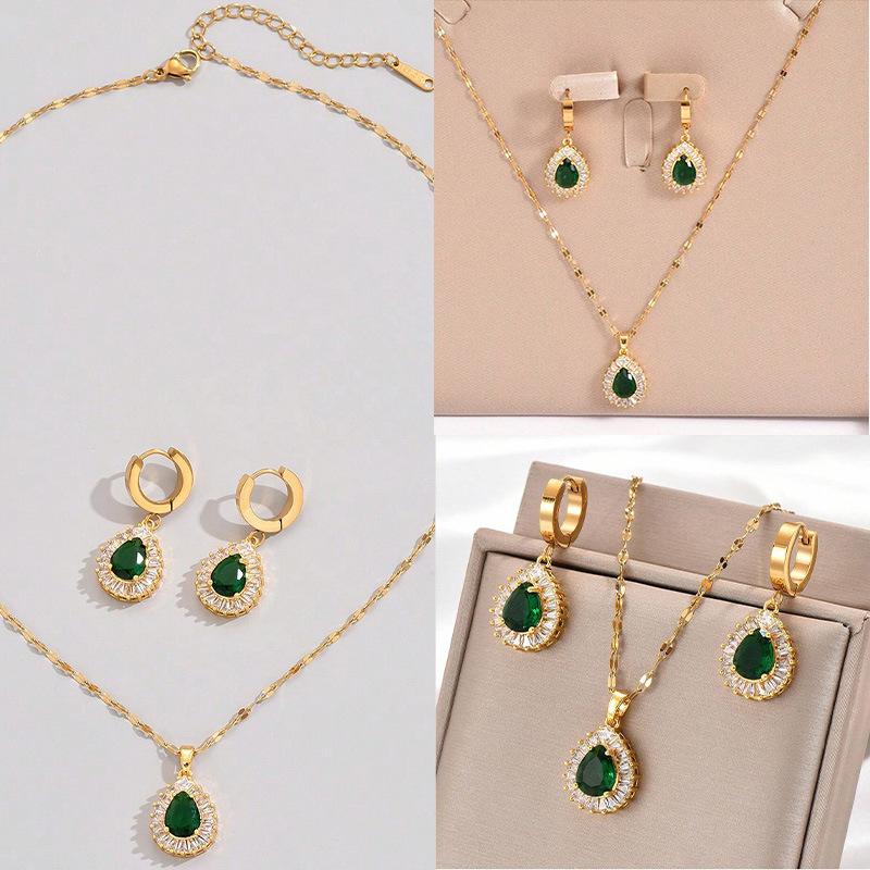 Emerald Necklace Women's Fashion Temperament Suit Vintage Hong Kong Style Necklace Earrings Versatile Jewelry
