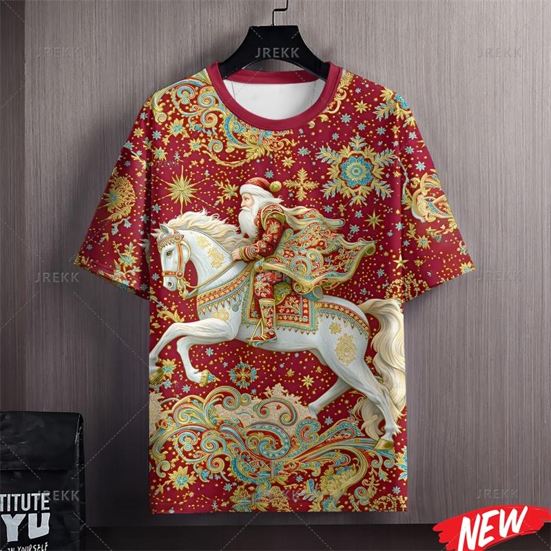 Merry Christmas Santa Claus Pattern T Shirt Men 3d Printing Xmas T-shirt Crew Neck Short Sleeve Horse New Year Women Tee Shirts