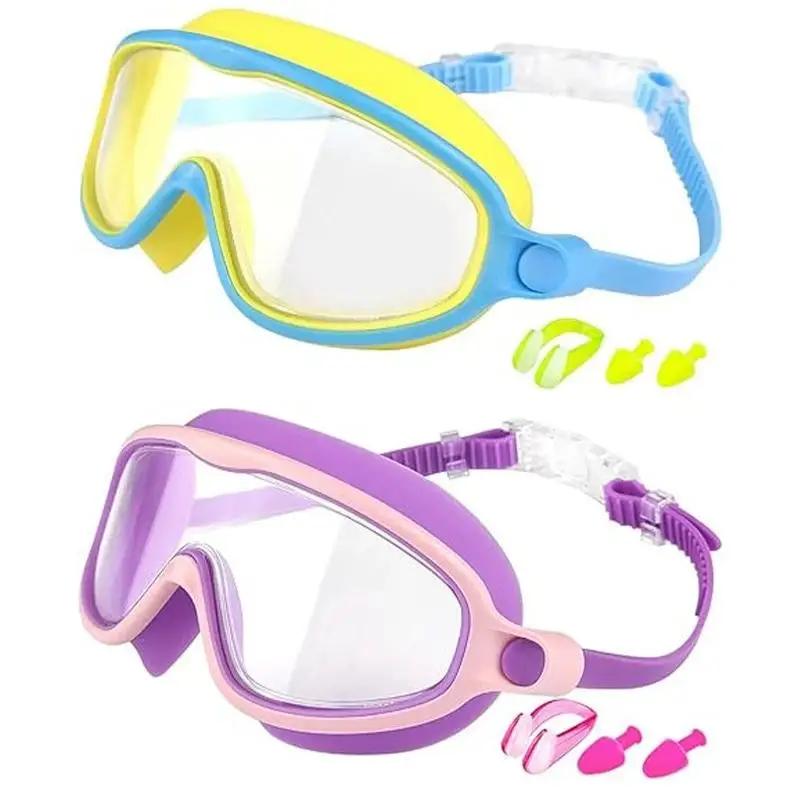 2 Pack Anti-Fog Anti-UV Swimming Goggles HD Diving Goggles with Earplugs Anti Choking Women Men Large Frame Silicone Swim Ggles