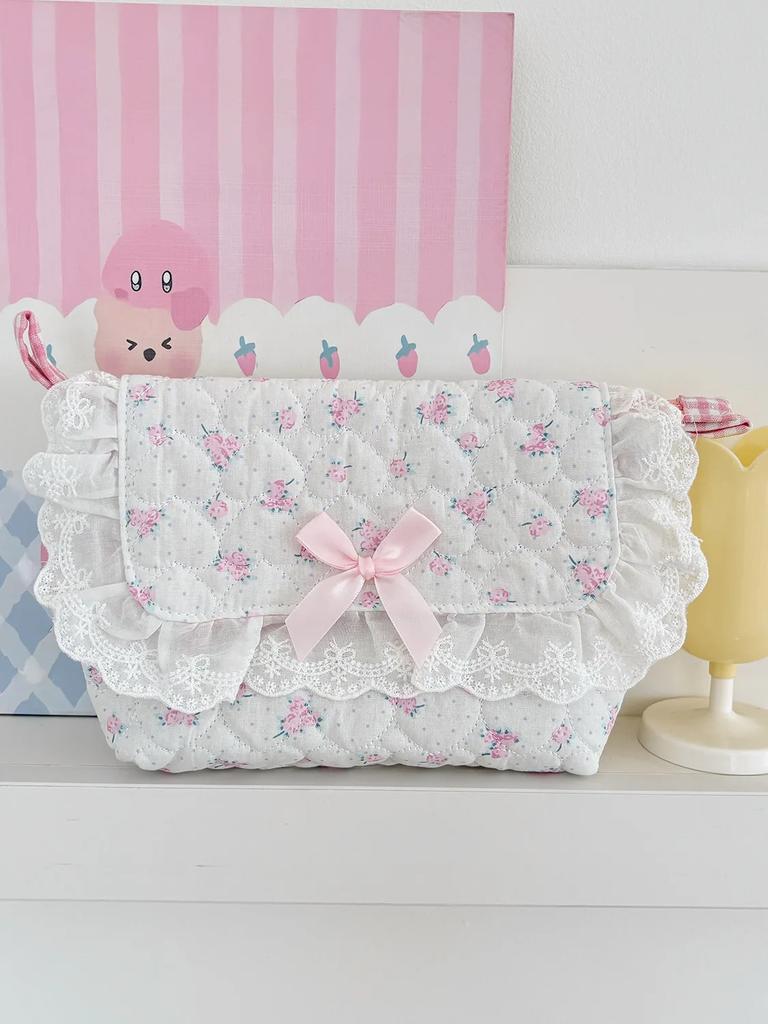 Cute Girls Quilted Cotton Crossbody Bag Outdoor Portable Student Ladies Storage Handbags Bow Lace Plaid Women Shoulder Bags