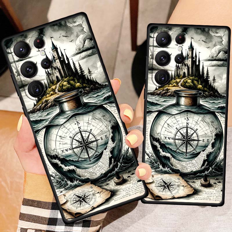 Vintage compass illustration For Samsung Galaxy S26 S25 S24 S23 S22 S21 S20 Ultra Plus FE 5G Black Soft TPU Phone Case
