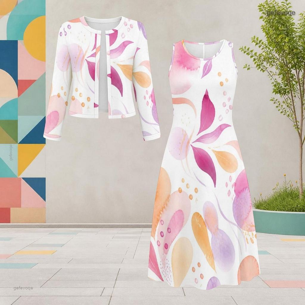 Women Plus Size Printed Two Piece Set Round Neck Long Sleeve Cropped Cardigan Sleeveless Midi Dress