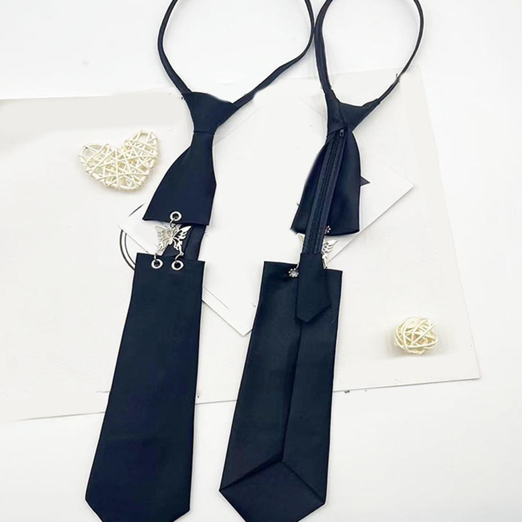 Unisex Adjustable Length Black Ties with Metal Butterfly Linked Vintage Punk Pre Tied Necktie Preppy Uniform Neckwear