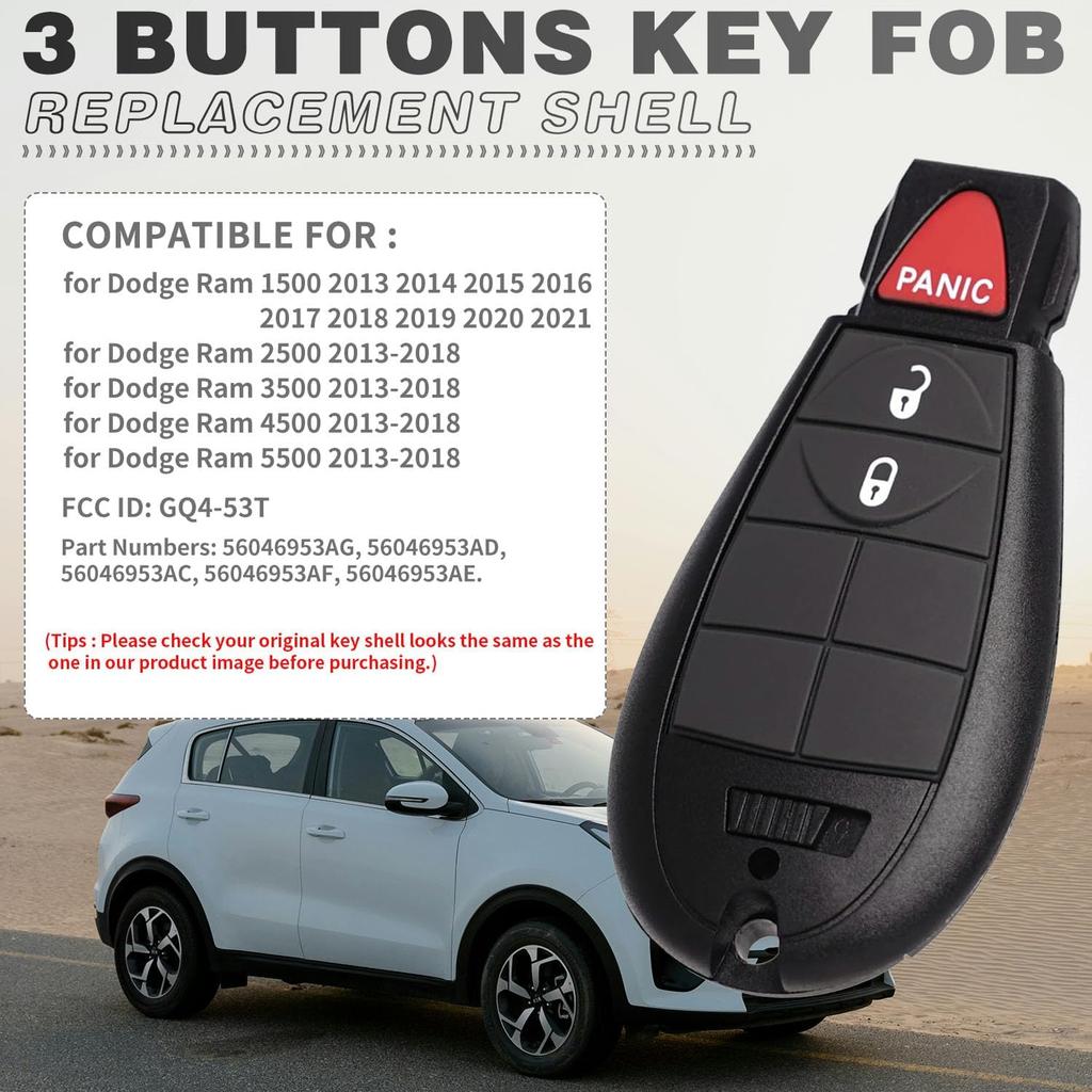 3 Button Key Fob Case Replacement for Dodge Ram 1500 2500 3500 4500 5500 2008 2009 2010 2011 2013 2014 2015 2016 2017 2018    GQ4-53T 56046953AE