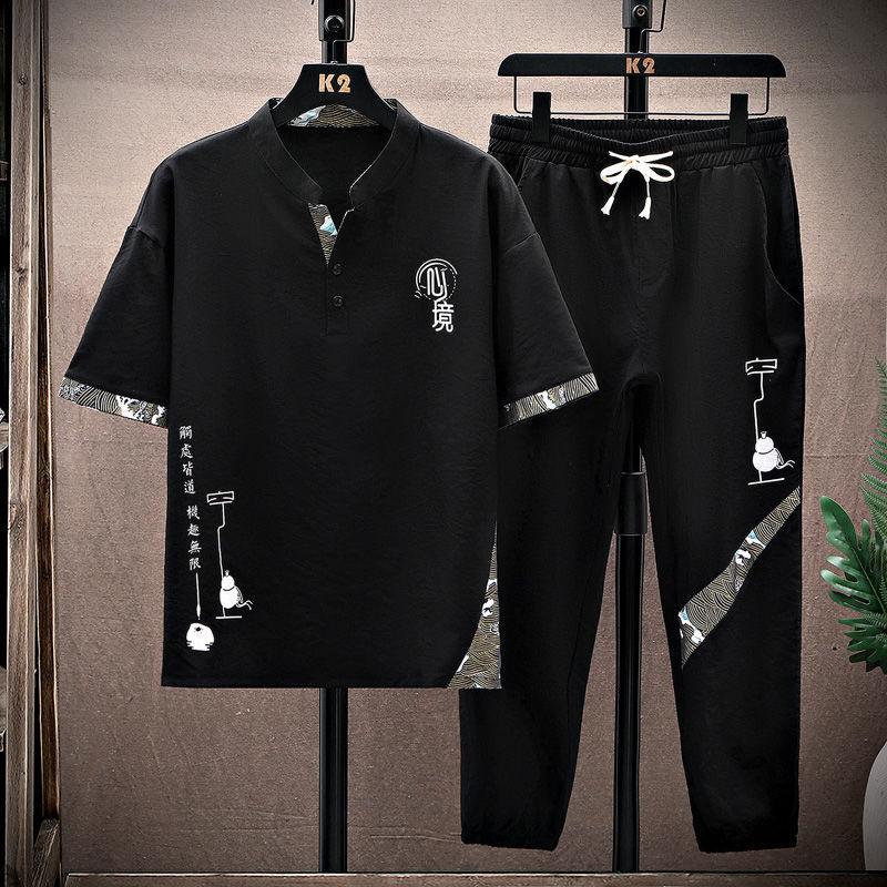 

Men s Spring and Summer Thin Round Neck Short Sleeve Top + Casual Trousers Sports Two Piece Set M