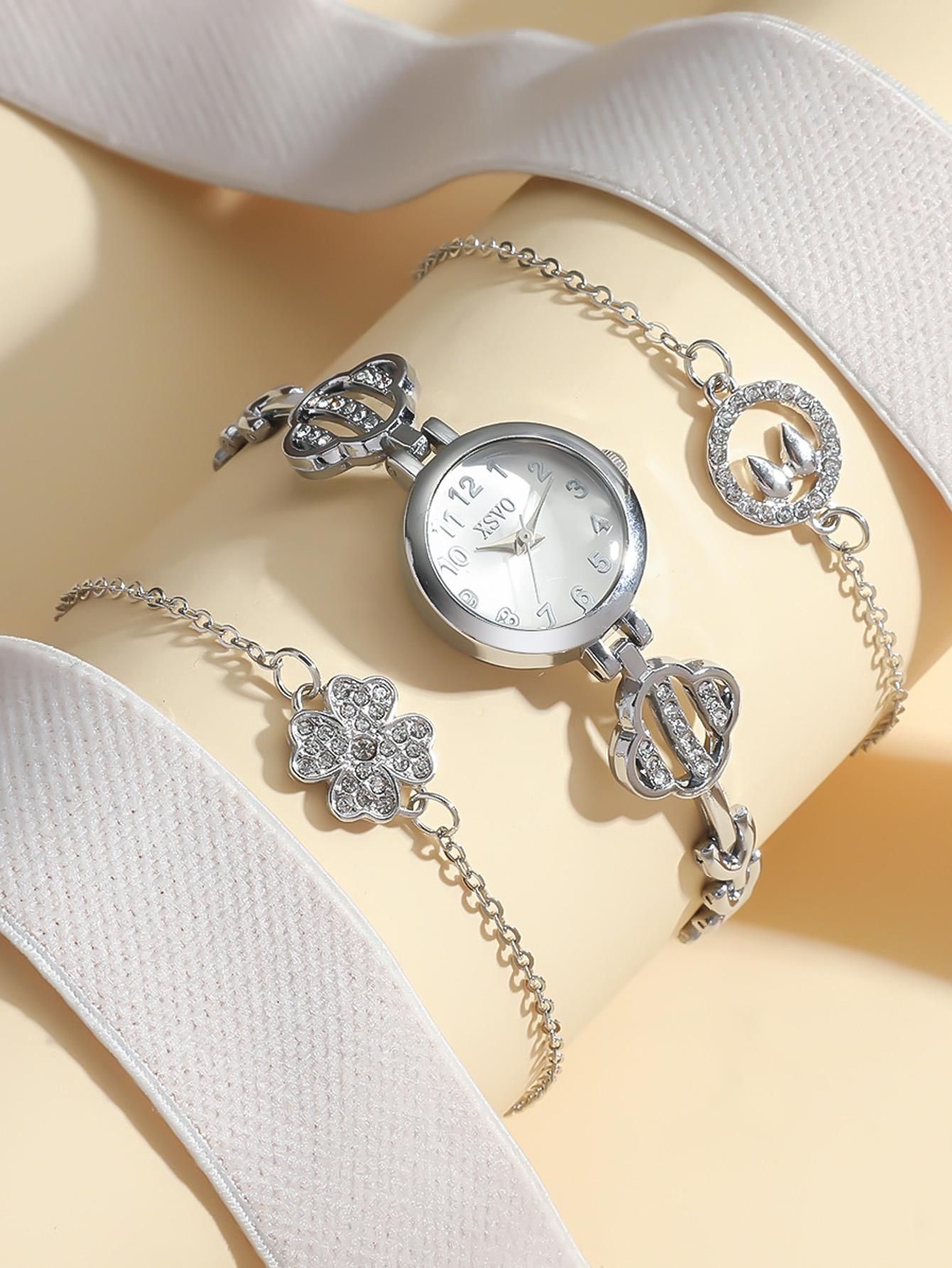 

Compact and versatile round Arabic numeral scale with diamond studded steel strip quartz watch+clover set серебряный