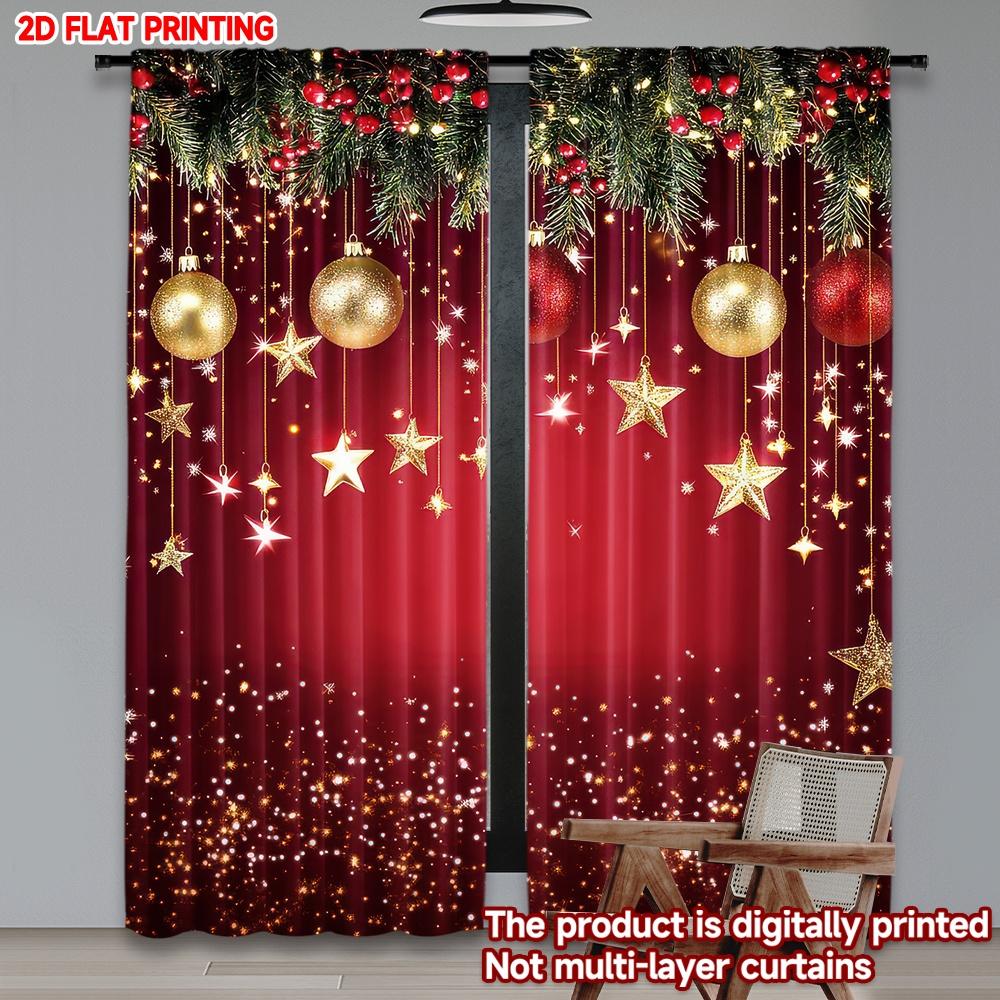2D flat printing 2pcs Fashionable Christmas Curtains Christmas Golden Stars Glow Digital Printed Polyester Drapes Durable Family