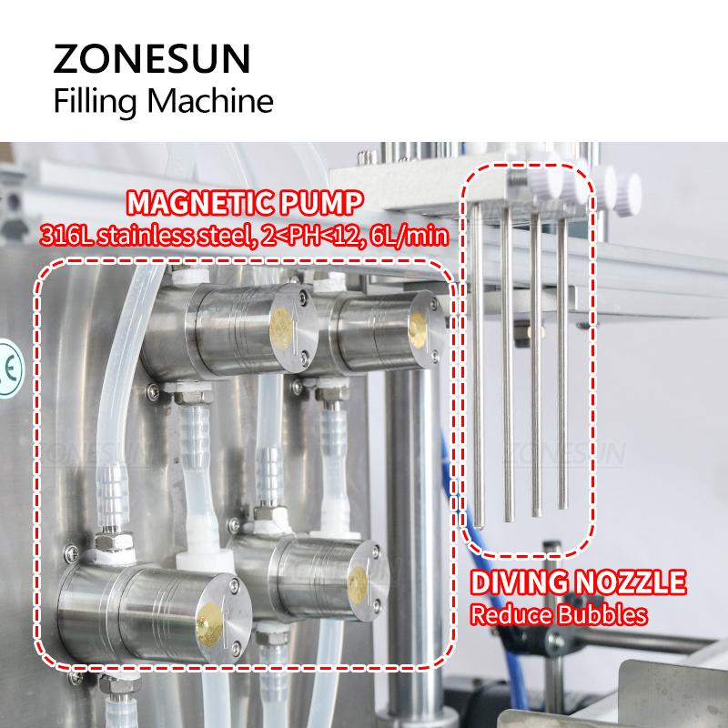 ZONESUN ZS-DTMP4AL Benchtop Automatic Four Injectable Heads Foamy Soap Liquid Essential Oil Drink Juice Bottle Filling Machine