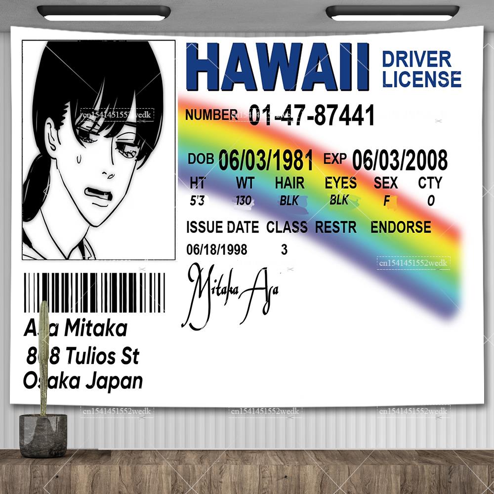 Asa Mitaka ID Flag Hawaii Driver License Wall Hanging Tapestry Funny Anime Tapestries Aesthetic Room Decoration Art Posters