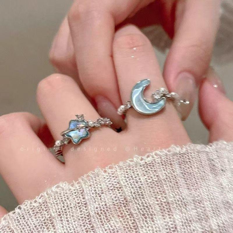 Glacier Blue Star Moon Open Ring Female Exquisite Couple Index Finger Ring Niche Design High-end Ring