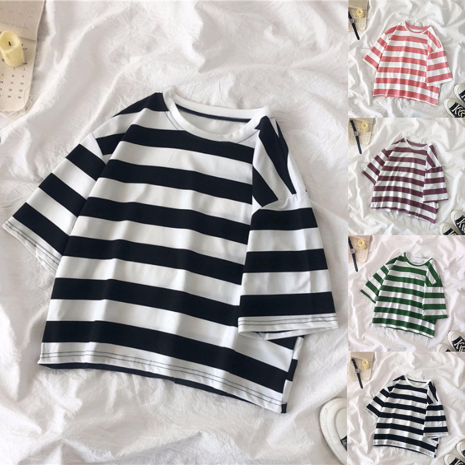 

Взрослая полосатая женская футболка с круглым вырезом и коротким рукавом, свободные модные летние топы